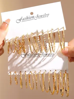 12 Pairs Minimalist Solid Color Twist & Geometric Design Hoop Earrings Set, Rhinestone Decor Ear Hoop Set, Fashion Jewelry Gi...