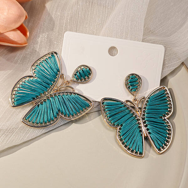 Bohemian Ethnic Style Alloy Frame Cotton Thread Woven Butterfly Stud Dangle Earrings for Women