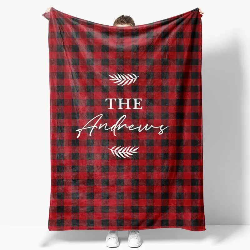 Aperturee Red Black Plaid Leaves Custom Name Baby Blanket, 30x40in(76x102cm), 26 USD, name blankets, YZBD0O34-S