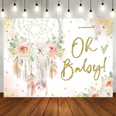 Pink Floral Feather Boho Backdrop For Baby Shower - Aperturee