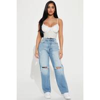 Petite As You Please Ripped Straight Leg Jeans - Light Blue Wash