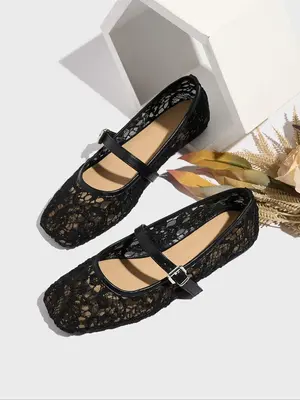 Women's Fashionable Lace Mary Jane Shoes, Casual Comfortable Breathable Flat Shoes for Summer, Female All-match Shoes for Dai...