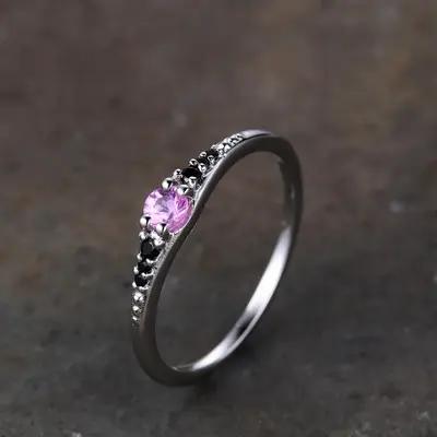 Mini 3mm Natural Pink Sapphire Women Delicate Sterling Silver Ring Band