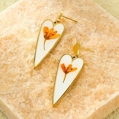Heart with Flower Pattern Stainless Steel Dangle Stud Earrings