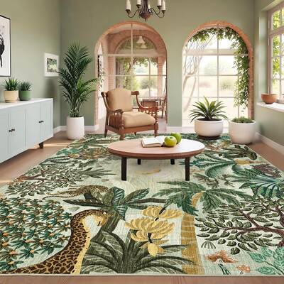 Garvee Jungle Green 8x10 Washable Non-Slip Animal Print Rug Soft Low Pile TPE Backing Kids Playroom Nursery Living Room