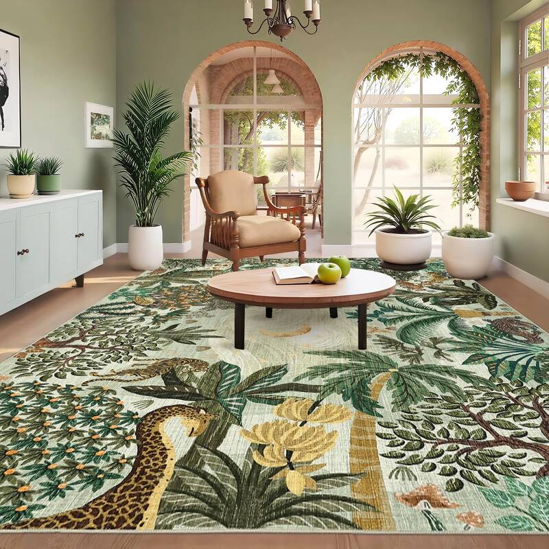 Garvee Jungle Green 8x10 Washable Non-Slip Animal Print Rug Soft Low Pile TPE Backing Kids Playroom Nursery Living Room