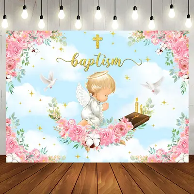 Pink Flowers Cross Angel Baptism Backdrop For Girl - Aperturee