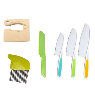 Kids Kitchen Safe Knife Set, 6counts/set Kids Vegetable Fruit Bread Cake Knife Set, Crinkle Potato Cutter, Wooden Knife, Frui...