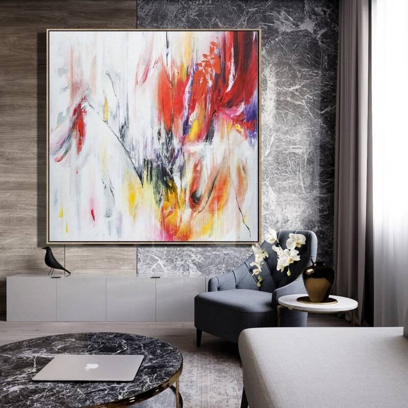 Large Acrylic Abstract Painting Colorful Wall Art Red Abstract Art White Painting | DANCE