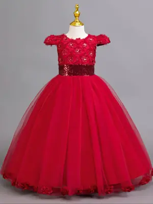 Girl's Floral Decor Contrast Mesh Dress, Elegant Round Neck Dress for Party Performance Wedding Guest, Kids Clothes for Al...