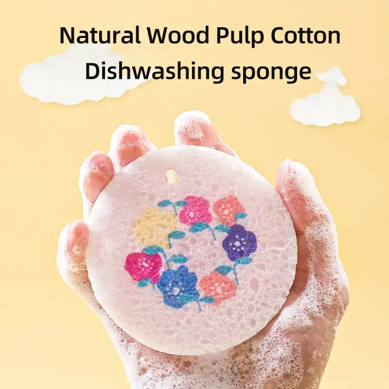 3/6/10Piece Round Compressed Wood Pulp Dishwashing Sponge, Kitchen Cleaning Dish Brush, Dishcloth, Double-sided Oil-proof Dec...