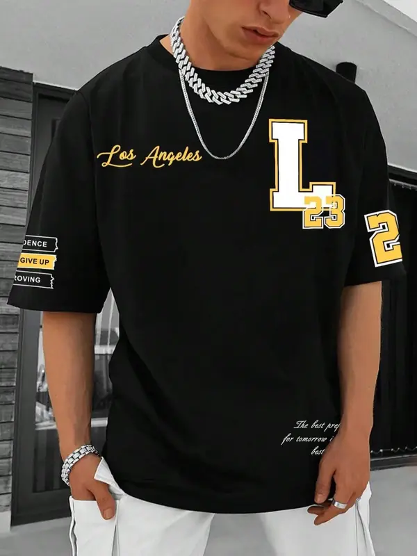 Men's Plain / Letter & Number Print Drop Shoulder Tee, Regular Fit Casual Fashion Soft Comfy Half Sleeve Round Neck T-shirt f...