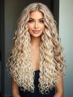 Long Glueless Curly Wavy Blonde Wig for Women, Gorgeous Fluffy Wigs without Bangs, Synthetic Lace Front Glueless Ready To Wea...