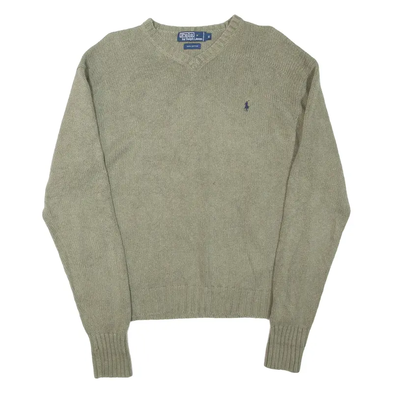 POLO RALPH LAUREN Mens Jumper Green V-Neck Tight Knit S