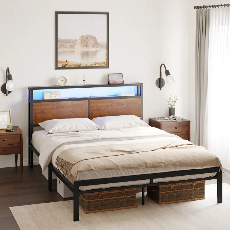 Metal Bed Frame with Headboard & Footboard and Charging Station, LED Light Included