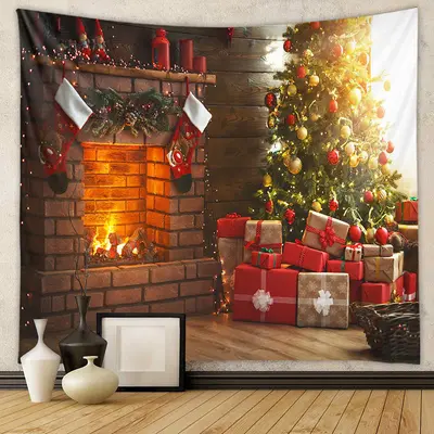 Aperturee Red Gift Fireplace Family Party Christmas Backdrop