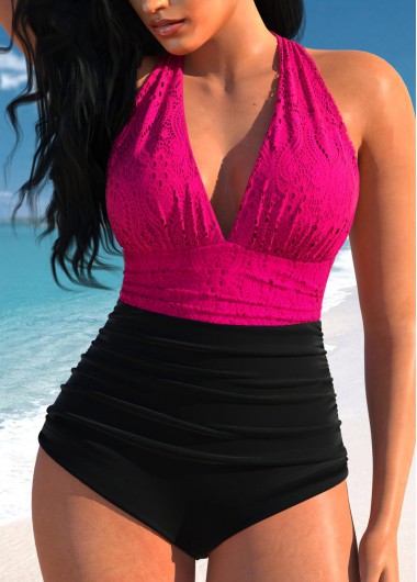 Modlily Lace Patchwork Hot Pink One Piece Swimwear - XXL