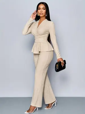 Women's Apricot Color Elegant V Neck Long Sleeve T-Shirt And Wide Leg Pants Two Piece Set, Asymmetrical Hem Two-Piece Outfits...