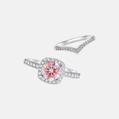 【120】Pink Synthetic Moissanite Ring with V Band Ring