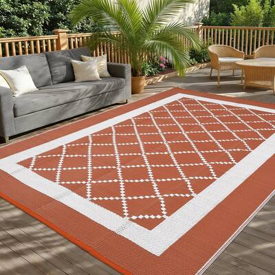 Garvee Waterproof Outdoor Rug 8x10ft – Reversible Terracotta Orange/White Geometric Carpet for Patio, Beach, Camping – UV...