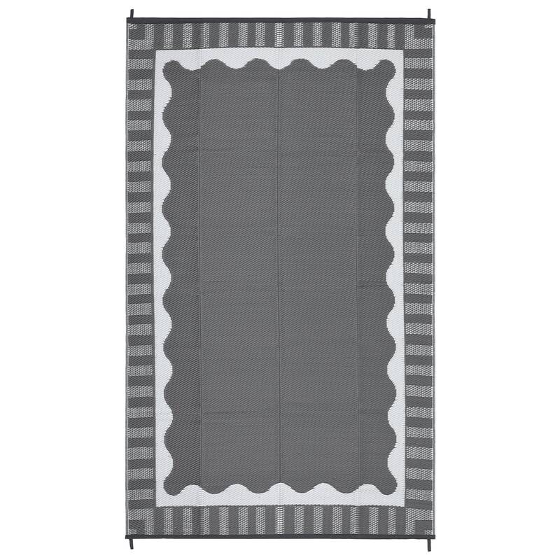 Garvee Reversible Grey White Outdoor Rug - Waterproof Plastic Patio Mat with Scalloped Edge - Modern, mark & UV Resistant, Ea...