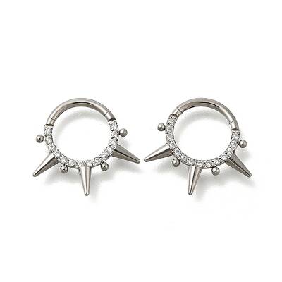 304 Stainless Steel Micro Pave Clear Cubic Zirconia 3 Spiked Cone Round Hoop Nose Rings