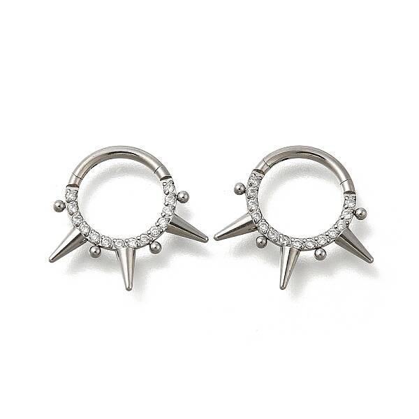 304 Stainless Steel Micro Pave Clear Cubic Zirconia 3 Spiked Cone Round Hoop Nose Rings