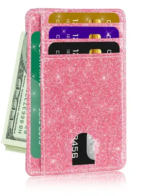 2025 Summer Glitter Rfid Blocking Card Holder,  Purses for Women,  Women's Plain Front Pocket Wallet, Super Slim Minimalist W...