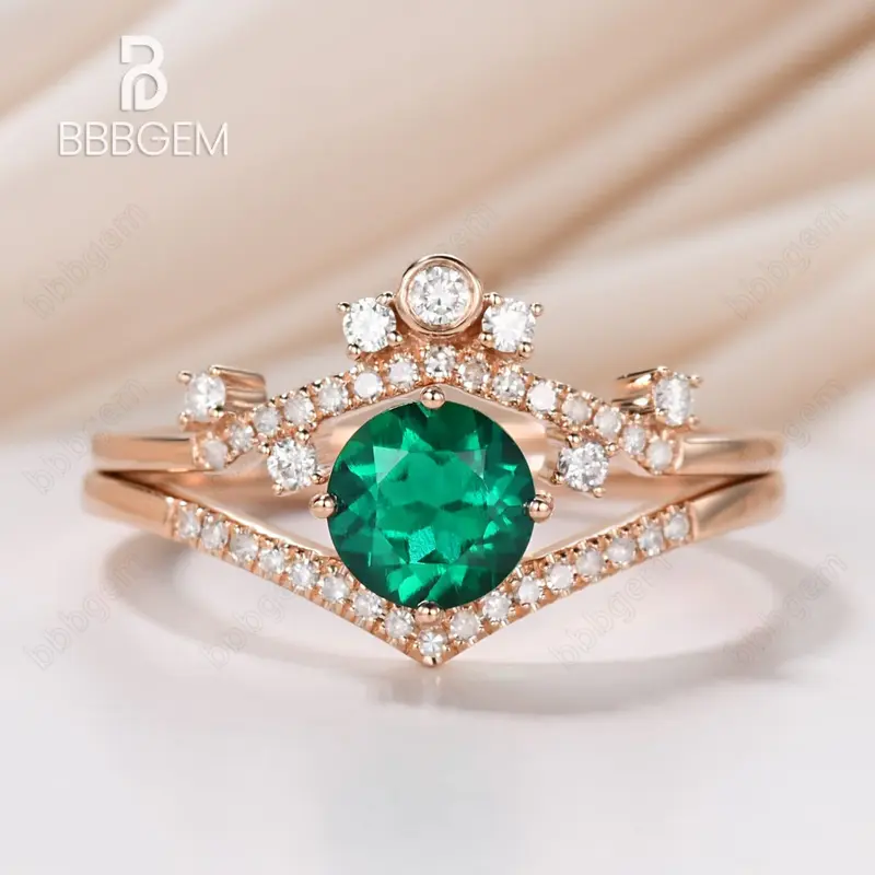 Art Deco Emerald Engagement Ring Set Round Cut Rose Gold