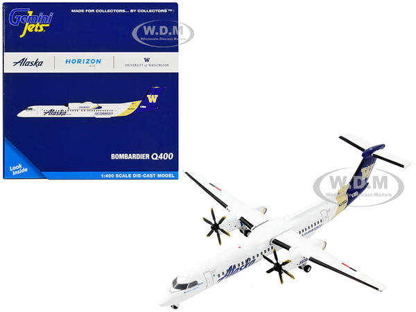 Bombardier Q400 Commercial Aircraft Alaska Airlines - University of Washington Huskies White with Purple and Gold Tail 1/400 ...