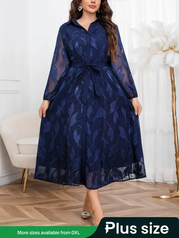 【Plus Size】 Tie Waist Islamic Dress, Elegant Long Sleeve Dress for Party Holiday Wedding Guest, Women's Islamic Clothin...