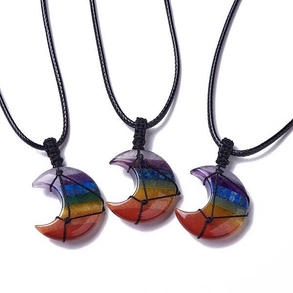 Adjustable Natural Mixed Gemstone Moon Pendant Necklace