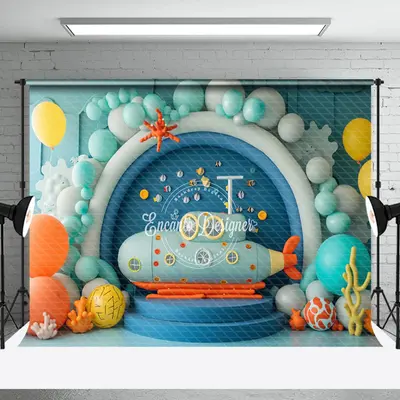 Balloon Fish Submarine Birthday Cake Smash Backdrop - Aperturee