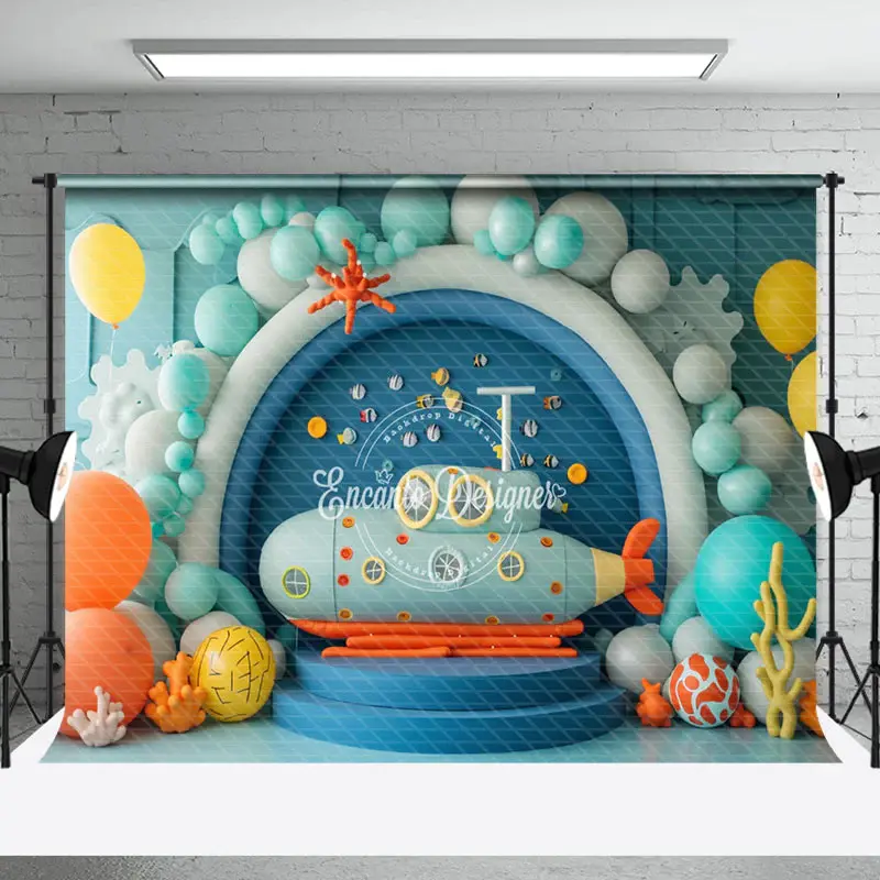 Balloon Fish Submarine Birthday Cake Smash Backdrop - Aperturee