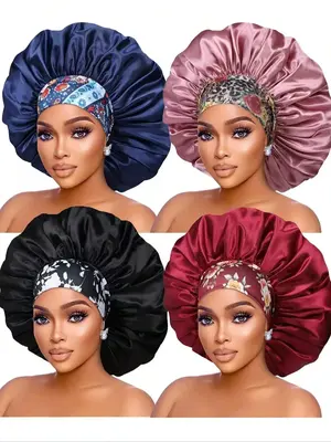 Women's Fashion Wide Band Floral Pattern Sleeping Cap for Valentine's Gift, 4pcs Simple Style Plain Color Soft Comfortable Sl...