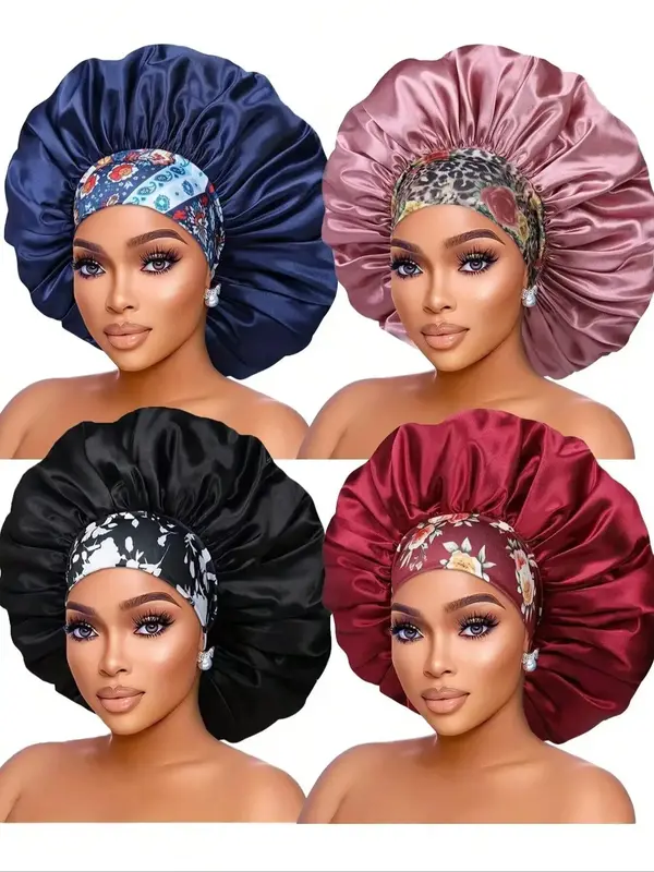 Women's Fashion Wide Band Floral Pattern Sleeping Cap for Valentine's Gift, 4pcs Simple Style Plain Color Soft Comfortable Sl...