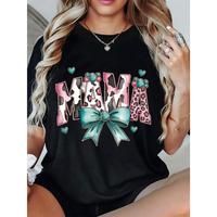 Women's Oversized Loose Fit Graphic T-Shirt - Mama Design with Hearts, Bows & Leopard Print, Soft Breathable Crew Neck Short ...