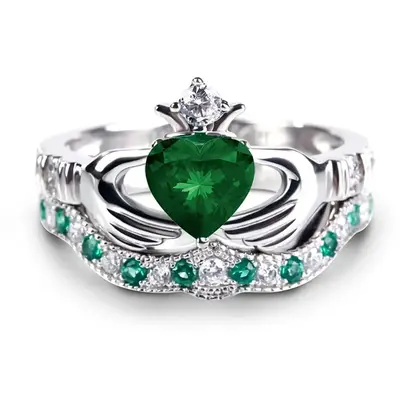 10K White Gold Heart Shaped Cubic Zirconia Personalized Birthstone & Crown Engagement Ring