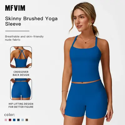 Women's Solid Backless Crop Cami Top & Shorts Fitness Sportswear Set, Sporty Sleeveless Top & Skinny Shorts, Ladies Sportswea...