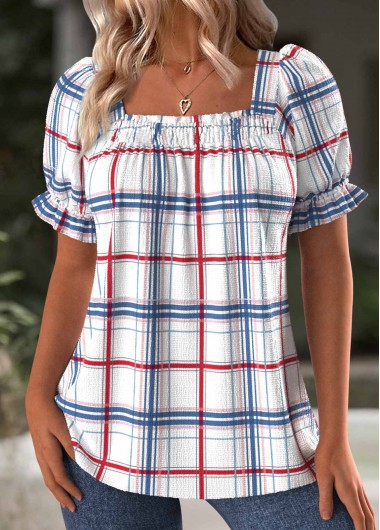 Modlily White Plaid Short Sleeve Square Neck T Shirt - XXL