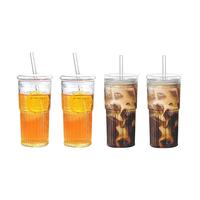 20oz Glass Cups Set, 4 Counts/set Including Glass Cups with Lids & Straws, Drinking Cup for Home Office Use, Gift for Friend,...