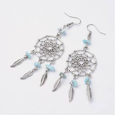 Woven Net/Web with Feather Alloy Dangle Earrings