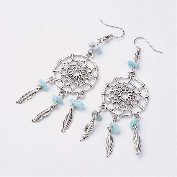 Woven Net/Web with Feather Alloy Dangle Earrings