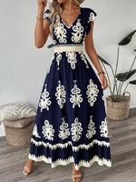 【Plus Size】Ethnic Pattern V Neck Dress, Boho Cap Sleeve Long Dress for Beach Holiday Vacation, Women's Clothes for Summer...