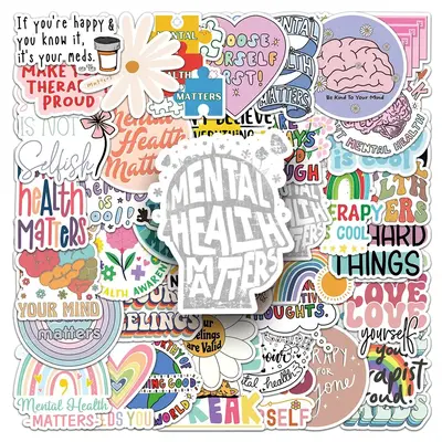 Mental Health Themed Sticker, 50pcs/set Self Adhesive Decor Paper, Decor Sticker for Greeting Card Water Bottle Laptop Phone,...