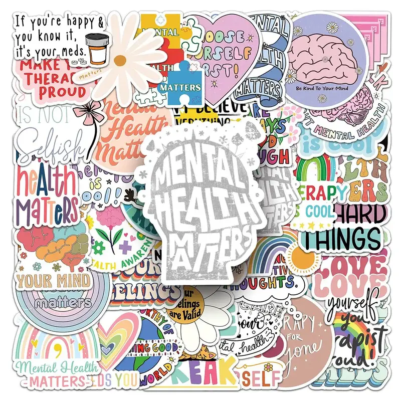 Mental Health Themed Sticker, 50pcs/set Self Adhesive Decor Paper, Decor Sticker for Greeting Card Water Bottle Laptop Phone,...