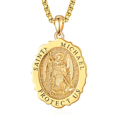 Sterling Silver with Yellow Gold Plated Saint Michael Pendant Necklace for Men