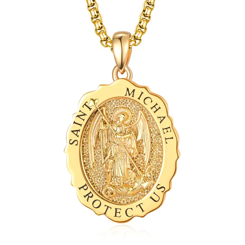 Sterling Silver with Yellow Gold Plated Saint Michael Pendant Necklace for Men