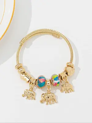 2024 Summer Women's Cute Trendy Beaded & Elephant Shaped Design Stretch Bracelet, Elegant Colorful Beaded Bracelet for Daily ...