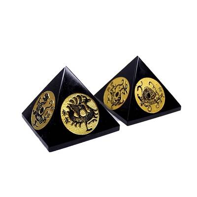 Natural Obsidian Pyramid with Mythical Beast Sign Figurines